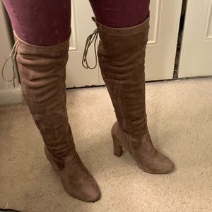 Beige suede laced knee high boots